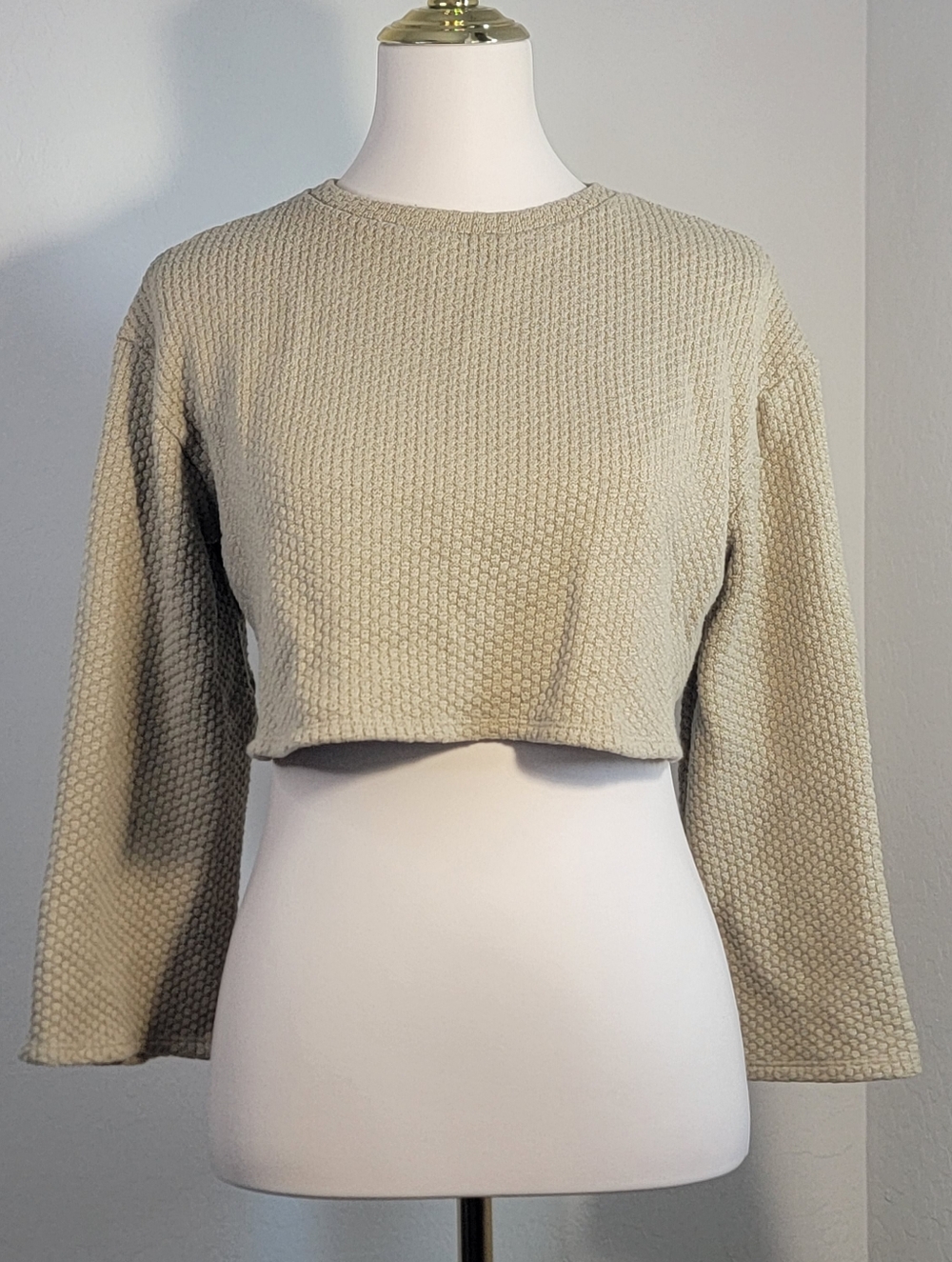 Urban Renewal Waffle Knit Oversize Crop Top Wide Sleeve Tan Size Small